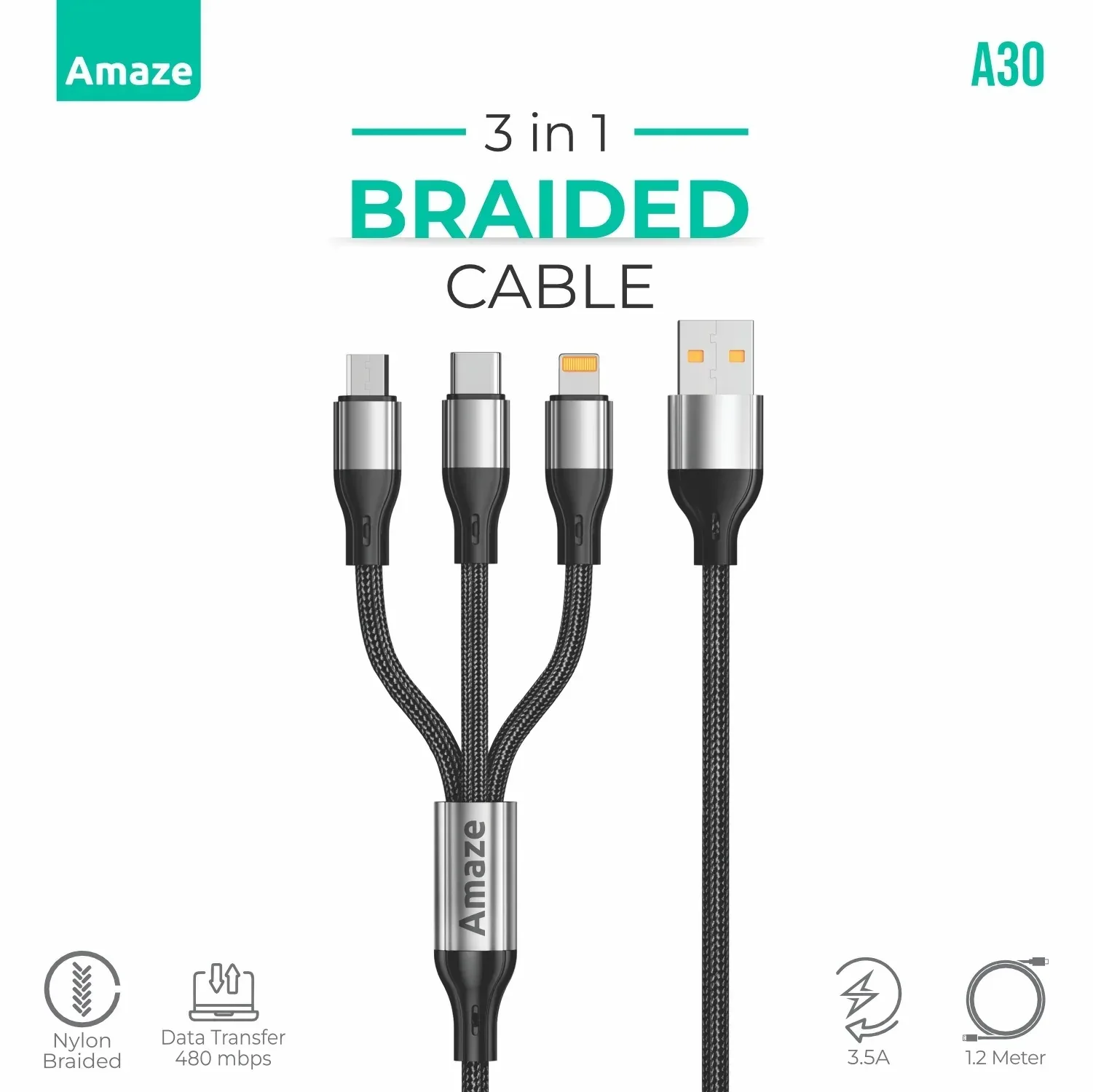 Amaze A30 3-in-1 USB to Micro/Type-C/iPhone Braided Cable 3.5A 1.2M