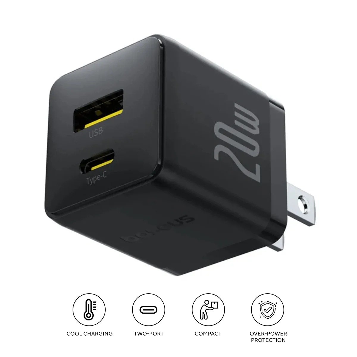 Baseus Palm Fast Mobile Charger Type C + USB 20W US Cluster Black - Image 2